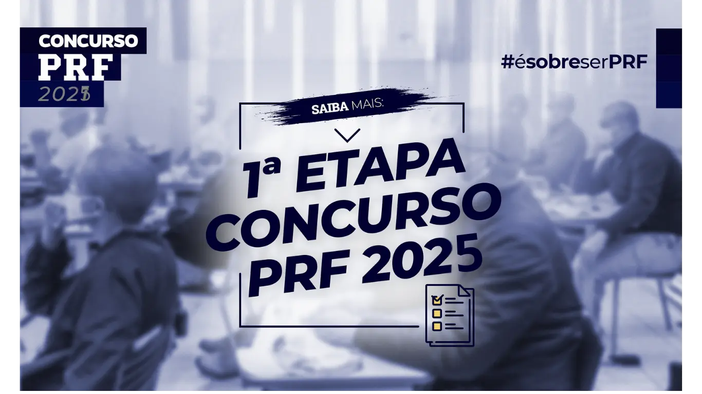 Primeira etapa do concurso PRF 2025, com candidatos em uma sala de prova, hashtag #ésobreserPRF.