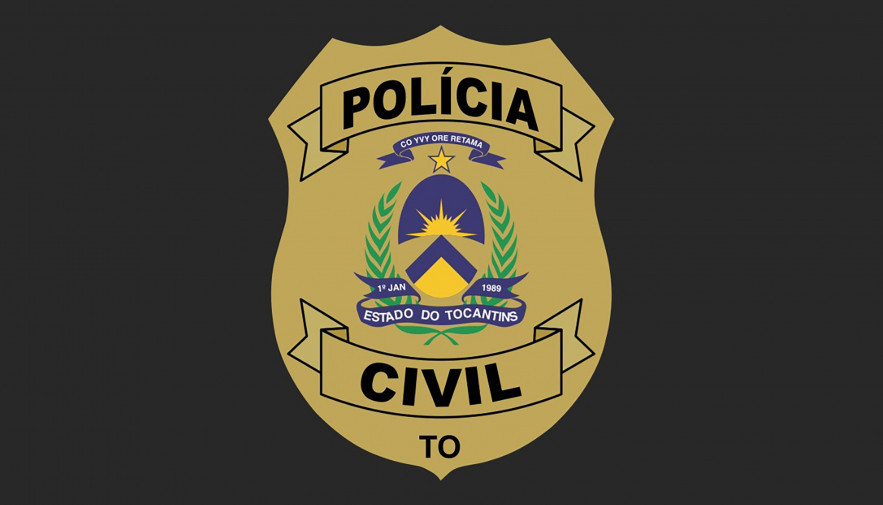 Emblema da Polícia Civil do Estado do Tocantins em fundo preto, com detalhes em dourado e o brasão oficial com símbolos do estado