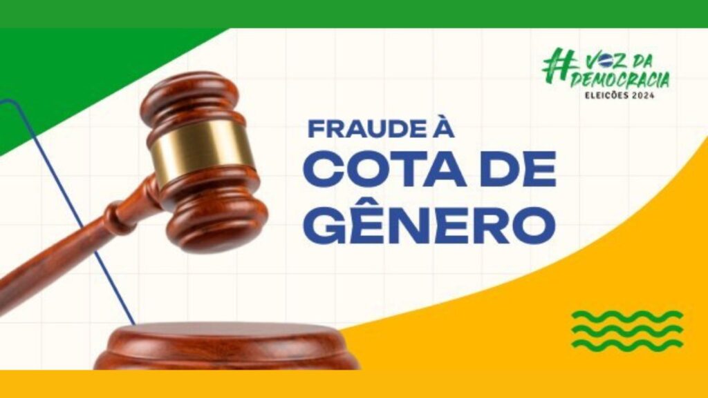 imagem que representa o movimento contra a fraude à cota de Gênero, com um martelo de juiz e cores da bandeira do brasil