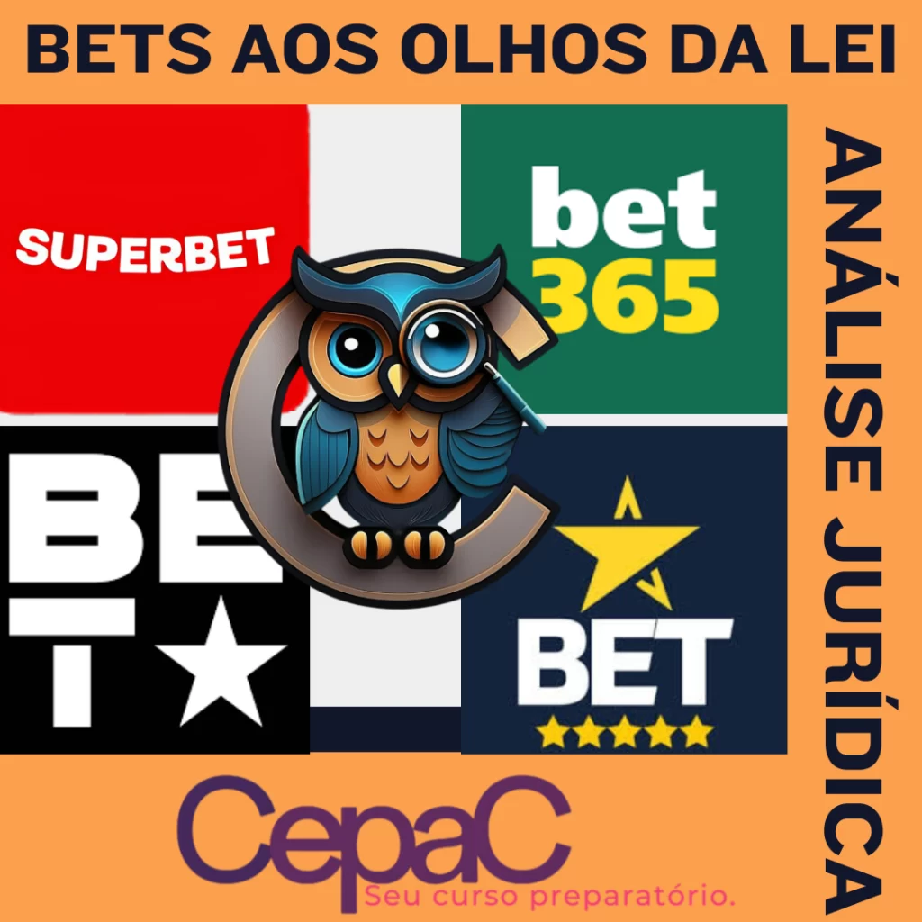 Análise jurídica dos sites de apostas, incluindo logos da SuperBet, Bet365, e outras plataformas de apostas, com o logotipo do CEPAC - Centro de Estudos