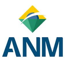 Logotipo da Agência Nacional de Mineração (ANM) do Brasil, com formas geométricas nas cores da bandeira nacional